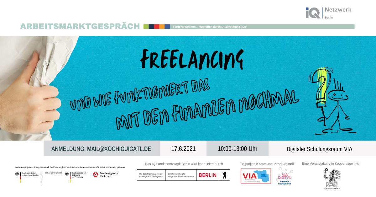 Banner Arbeitsmarktgespräch Freelancing – und wie funktioniert das mit den Finanzen nochmal?